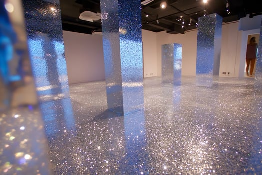 Glittering floor, glass pillars, art gallery photo
