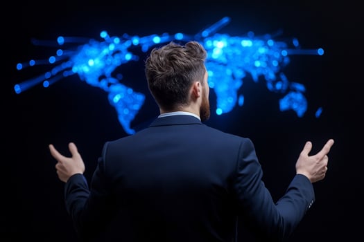 Businessman presenting global network, dark background photo