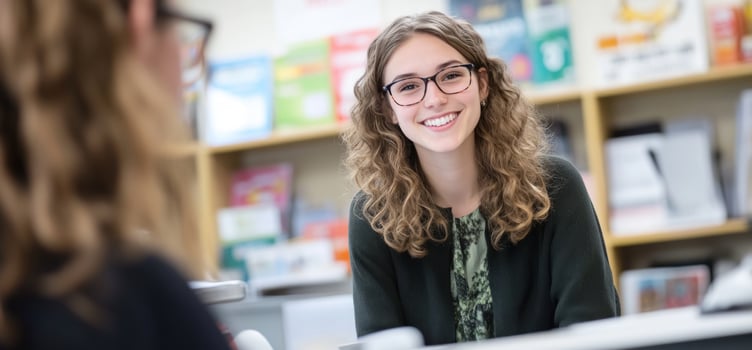 Smiling young woman in office environment expressing happiness and professionalism photo