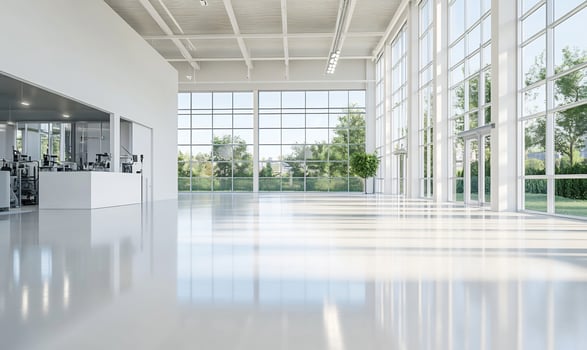 Modern spacious office, sunlight, trees outside, clean floor, workspace photo