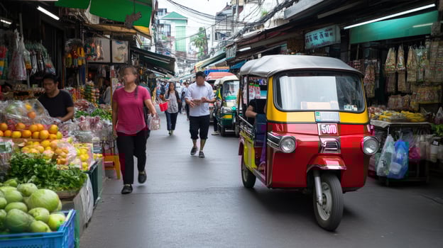 Lively street market with people and auto rickshaw in a city photo