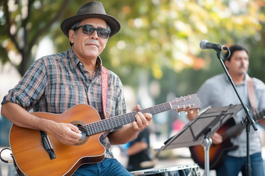Live acoustic music performance with guitarist in natural light photo