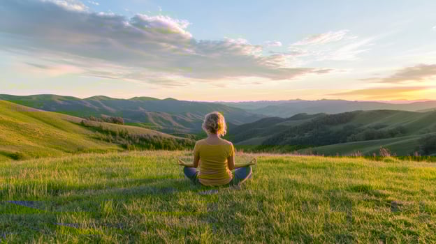 Woman meditating on hill at sunset peaceful nature landscape photo