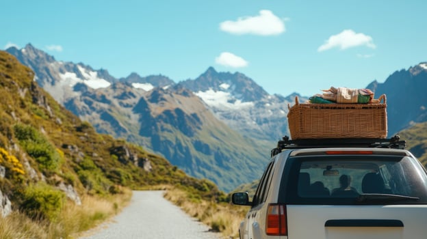 Mountain road trip with packed vehicle and scenic vista photo