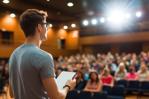 Speaker addresses audience during presentation at auditorium conference photo