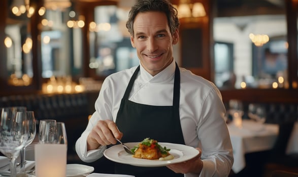 Smiling chef presenting gourmet dish in restaurant setting photo
