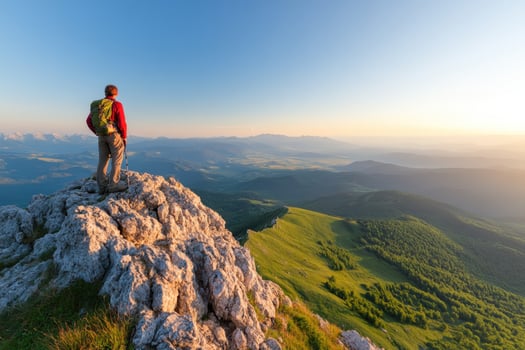 Hiker on mountain summit overlooking green landscape under clear sky photo