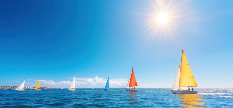 Sailboat regatta on open ocean under blue sky marine vessels for travel and recreation photo