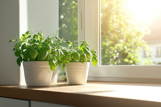 Basil plants in pots on sunny window shelf indoor home gardening photo
