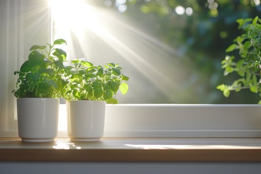 Potted plant on window sill with natural sunlight green growth photo