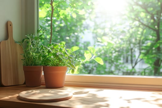 Indoor herb garden by window sunlight with fresh greenery and wooden decor photo