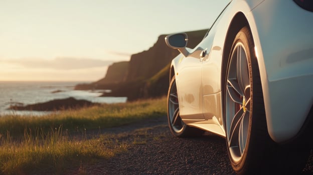 Luxury car parked seaside at sunset coastal roadtrip photo