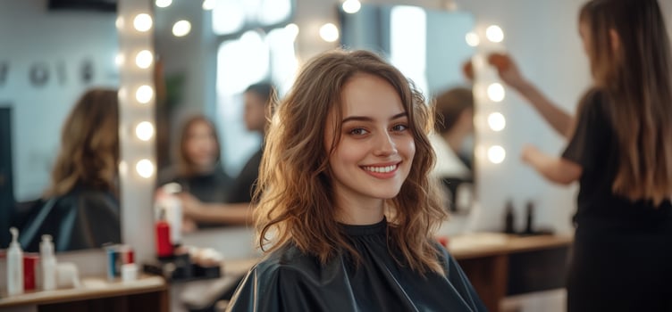 Woman smiles in hair salon beauty and personal care service photo