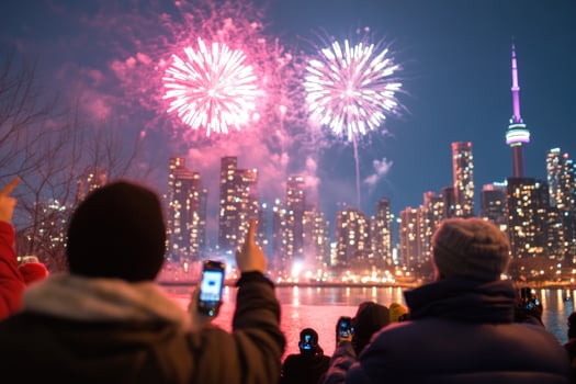 Fireworks explode above city skyline people celebrate event photo