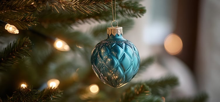 Teal christmas ornament on fir branch with bokeh lights holiday decoration photo