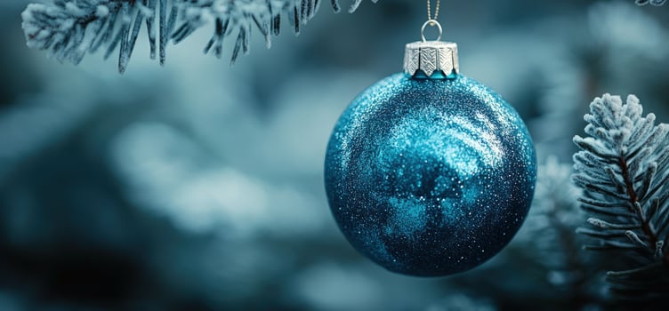 Sparkling blue bauble ornament hanging on frosted christmas tree branch photo