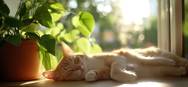 Sleeping cat by window with potted plant relaxing in sunlight indoor serene scene photo