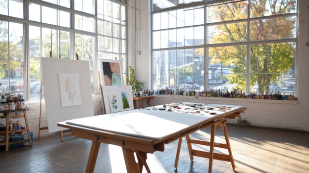 Bright art studio with painting equipment for creative hobby and leisure photo