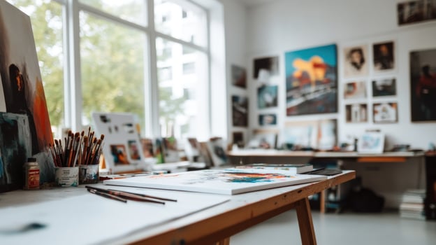 Artist studio with artwork easel and paint brushes interior photo