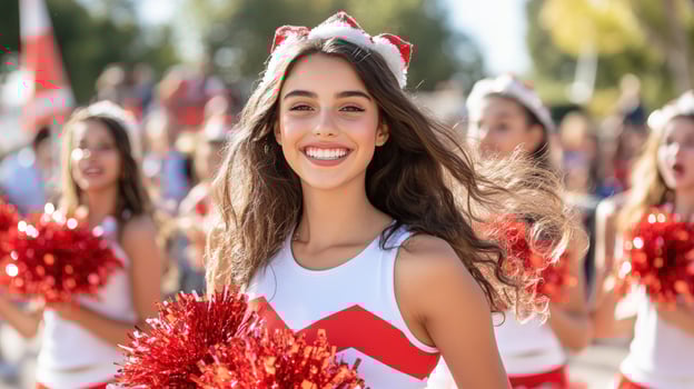Smiling cheerleader with pom poms leading team celebration in outdoor shot photo