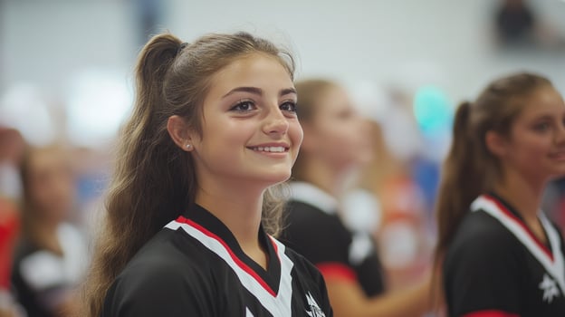 Teenage girls standing together indoors in school or team setting photo