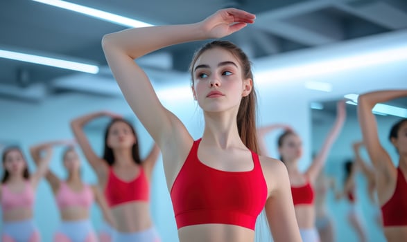 Fitness class arm movement exercise in studio with mirror reflections photo