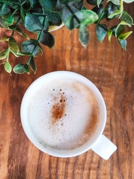 Overhead view of a cup of cappuccino with frothy milk foam placed on a wooden table next to green plant leaves. Cozy lifestyle, coffee break, and relaxation concept. photo