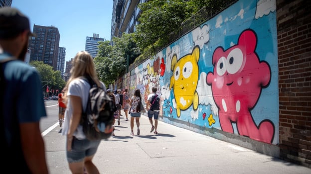 Pedestrians walk past colorful graffiti mural in urban setting photo