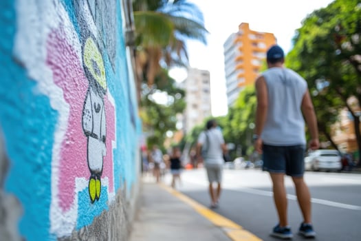 City street with pedestrians and colorful mural art photo