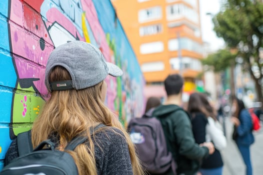 Person with backpack standing by graffiti wall in urban setting photo