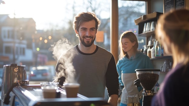 Barista serving customer in coffee shop with freshly made drink photo