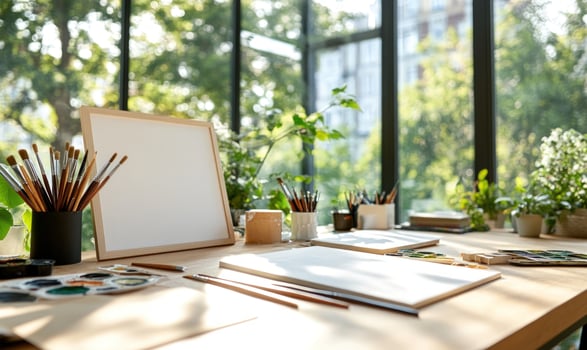 Artist workspace with blank canvas paints and brushes for creative hobby photo