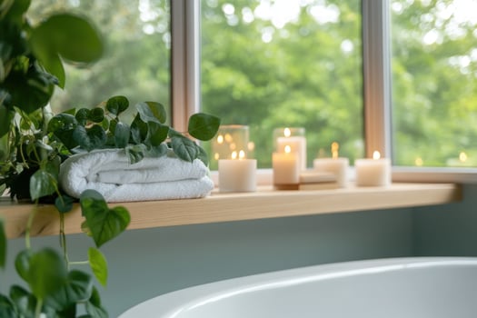 Tranquil bathroom scene with candlelight and natural elements photo