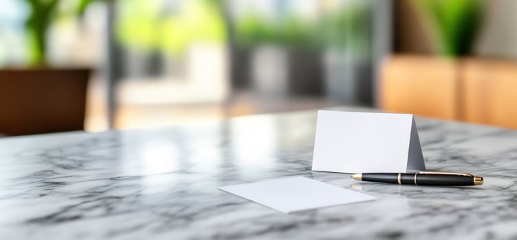 Blank business cards and pen on marble table for message or mockup photo