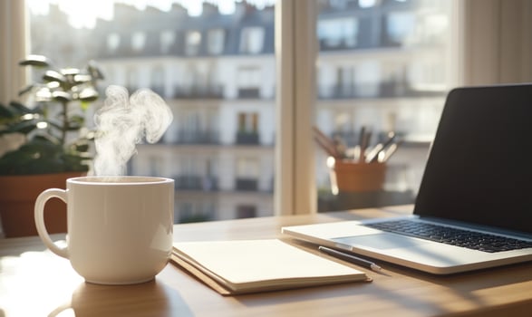 Workspace with laptop coffee and notepad remote work and study photo