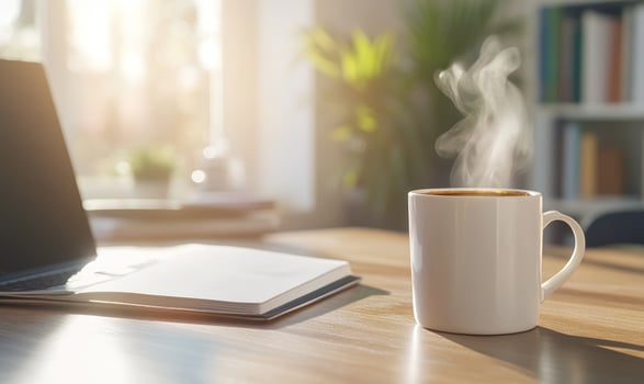 Hot coffee on desk with laptop and notebook for work study concept photo