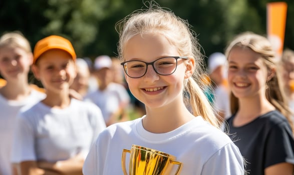Girl celebrate victory holding trophy in outdoor competition photo