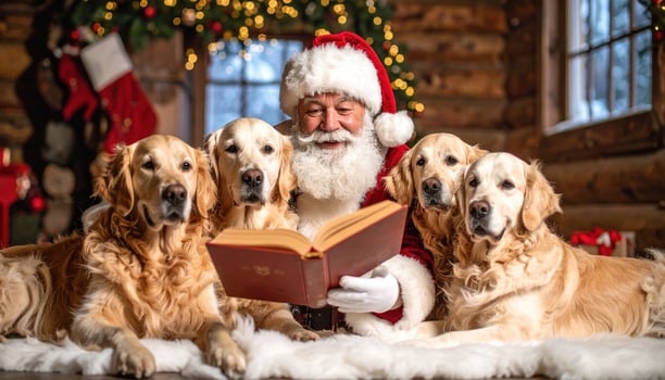 Santa Claus joyfully reads storybook to four adorable golden retriever dogs, creating heartwarming Christmas scene inside cozy log cabin, filled with holiday spirit and festive charm photo
