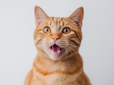 An excited orange tabby cat with wide eyes and an open mouth, expressing curiosity and playfulness. photo