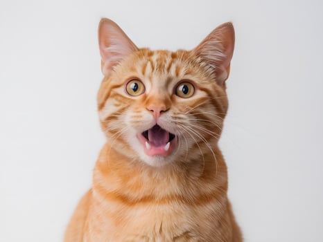 Playful orange tabby cat with big eyes and an open mouth, showcasing a bright and cheerful demeanor. photo