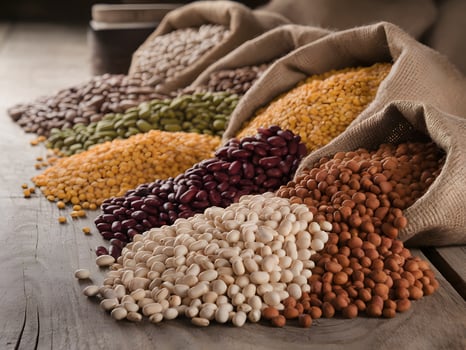 A vibrant display of assorted legumes and beans in burlap sacks on a rustic wooden surface. photo