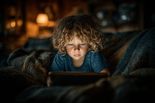 Young boy with curly hair absorbed in a tablet, cozy atmosphere with warm lighting. photo