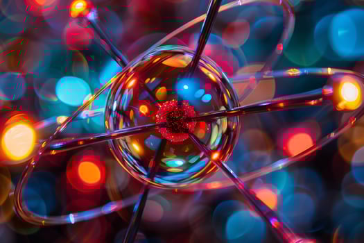 Colorful atom model with vibrant lights, showcasing science and technology in a mesmerizing design. photo