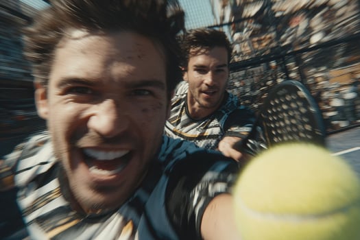 Two players are intensely engaged in a paddle tennis match, showcasing their enthusiasm and athleticism. The energetic atmosphere is filled with laughter and excitement as they compete. photo