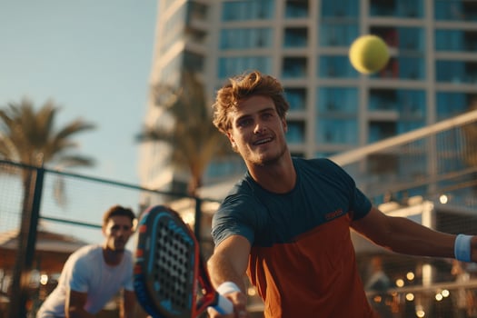 Two male tennis players engage in an exciting match in an urban area, surrounded by palm trees and buildings. The sun casts a warm glow, and the atmosphere is lively. photo