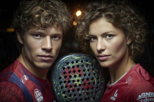 Two athletes stand side by side, showcasing determination and strength in their expressions. They hold a padel racket together in a dramatic urban environment, hinting at an upcoming match. photo