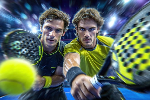 Two identical twin athletes deliver powerful serves during an intense indoor tennis match, displaying concentration and determination. photo