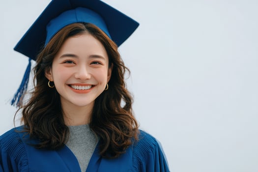 A young woman wearing a blue graduation cap and gown is smiling brightly. She stands against a light background, showcasing a moment of joy after completing her studies and achieving her degree. photo