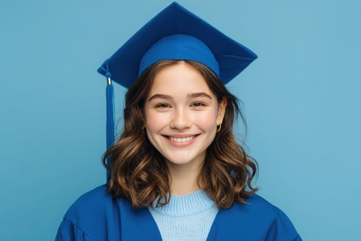 A young woman smiles widely while wearing a blue graduation cap and gown. The background is a solid light blue, creating a cheerful and celebratory atmosphere for her accomplishment. photo