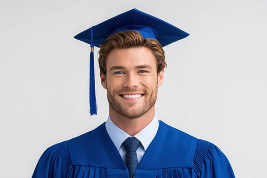 A man wearing a blue graduation cap and gown smiles confidently, showcasing his pride in completing his education. The backdrop is neutral, emphasizing his joyful expression. photo